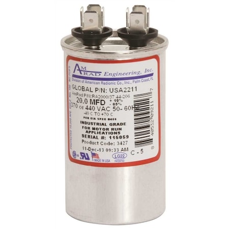 Amrad Engineering ROUND USA-MADE MOTOR RUN CAPACITOR, 20 MFD, 370/440 VAC USA2211